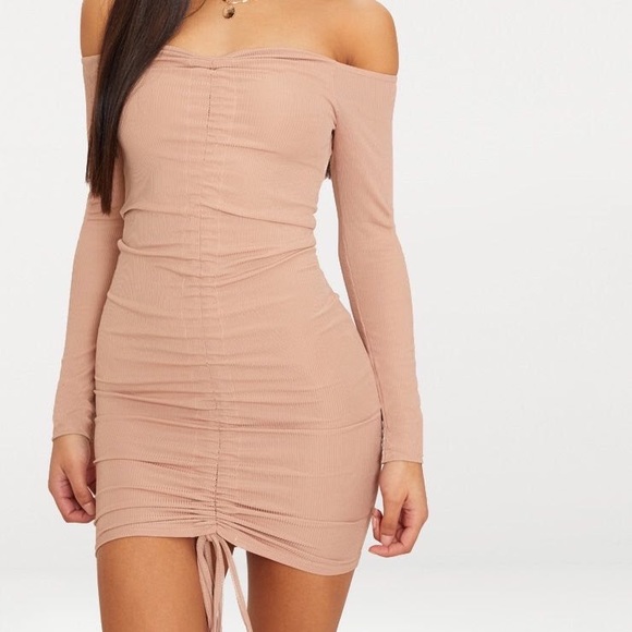 nude ribbed bodycon dress Nude Ribbed Long Sleeve Cut Out Dress